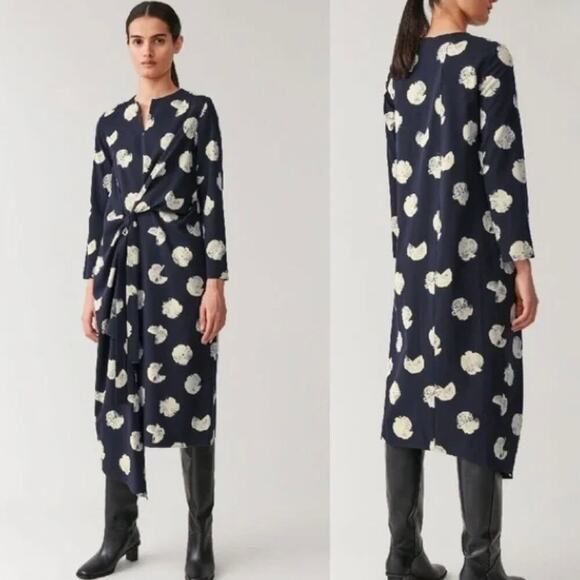 COS Cotton Blend Black & Cream Floral Printed Asymmetric Midi Dress - Size 4 - Picture 1 of 7